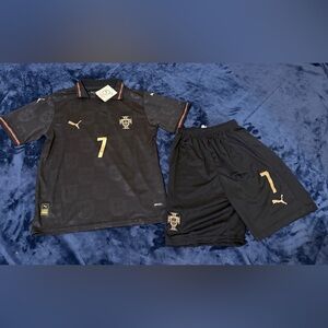 Portugal Cristiano Ronaldo #7 Black Gold Football kids jerseys set